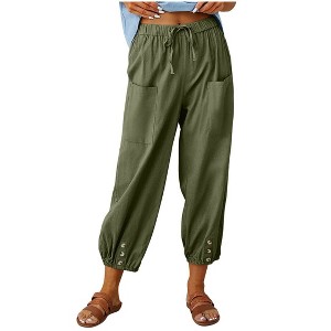 Coolmee Cropped Pants for Women High Elastic Waisted Drawstring Cotton Linen Cropped Pants with Pockets - 1 of 4