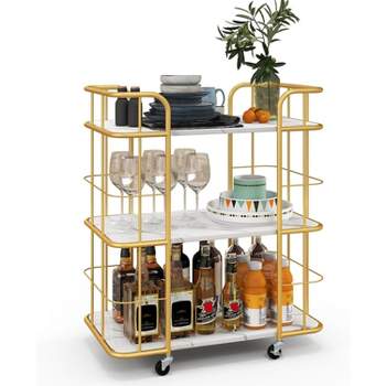 Tangkula 3 Rolling Bar Cart Gold 3-Tier Kitchen Utility Cart Steel Frame w/ Marble-Finish Top & Convenient Handle Lockable Casters Metal Serving Cart