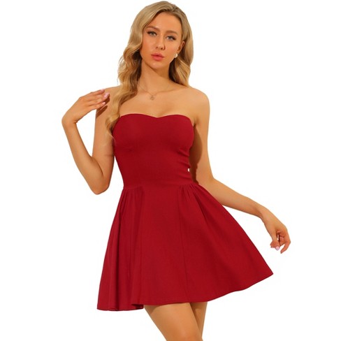 Womens M Tube Strapless Gather Elastic Bottom Short Dress Red