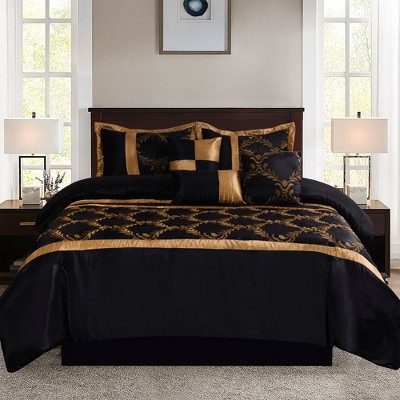 HIG 7 Piece Bed in A Bag Comforter Set Queen Black and Gold Faux Silk Fabric Embroidered Bedding Set — фото 2