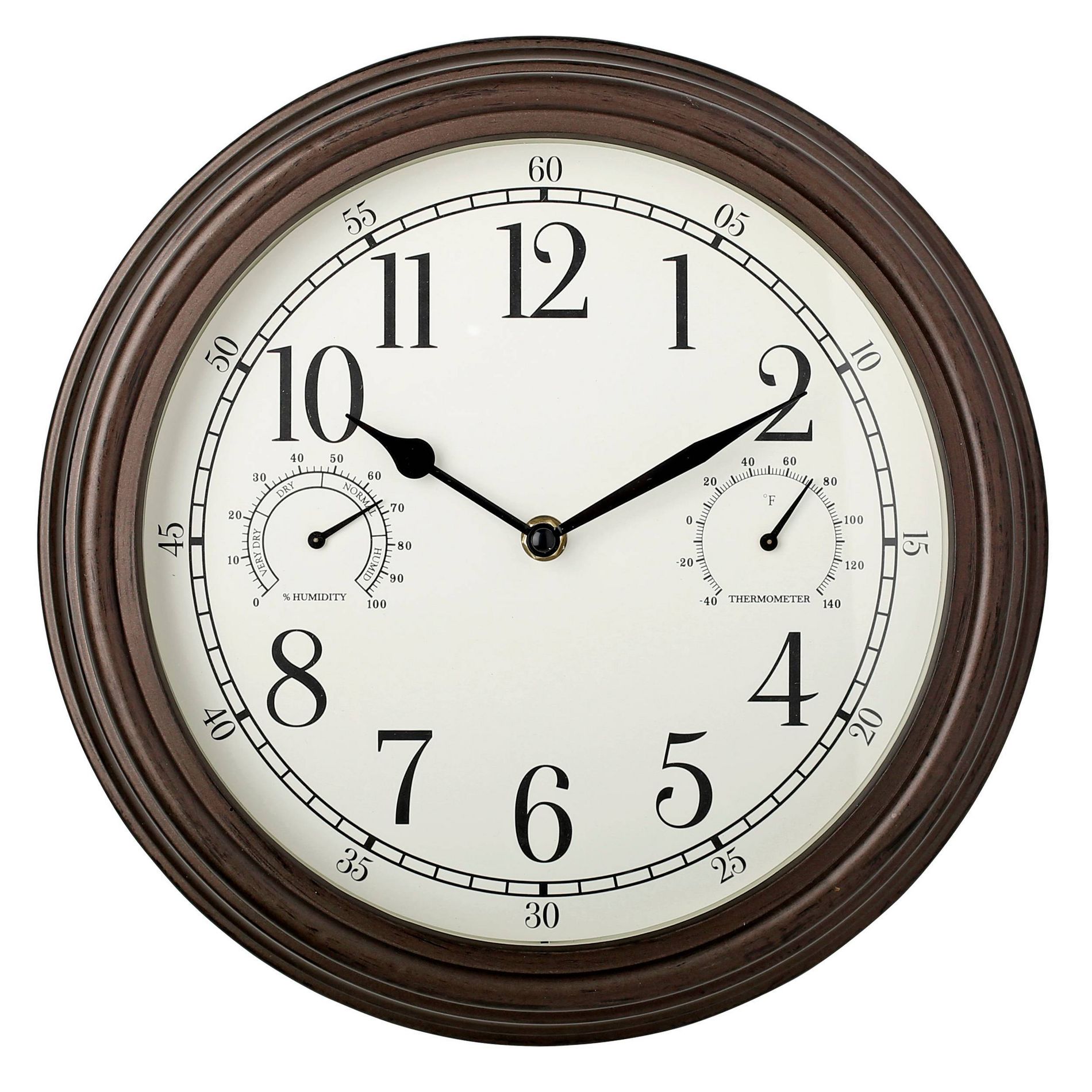 12" Outdoor Wall Clock with Weather Resistant Temperature/Humidity Dials - Westclox: Quartz Movement, Bronze Frame
