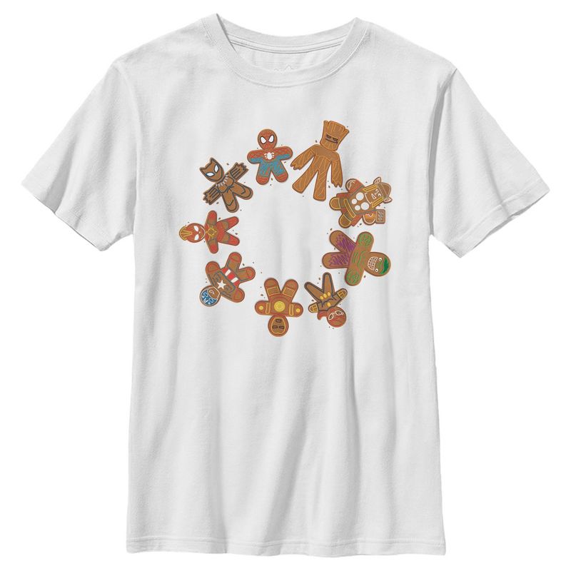 Boy's Marvel Christmas Gingerbread Cookie Circle T-Shirt, 1 of 5