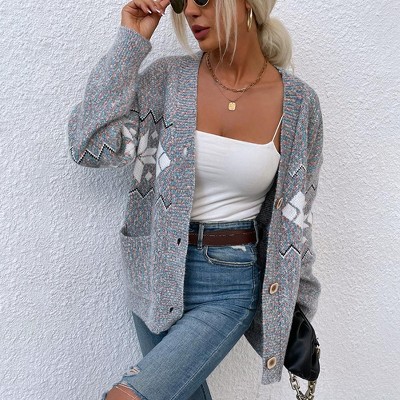 Women'S Christmas Snow crystal Sweater with Single-Breasted Design and Pocket
