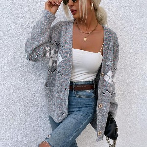 Women'S Christmas Snow crystal Sweater with Single-Breasted Design and Pocket - 1 of 3