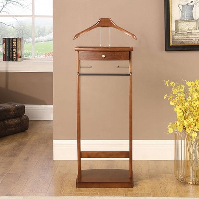 Wooden Valet Stand With Drawer - Contour Hanger & Trouser Bar For Suits & Office Organization