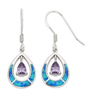 Opalata Sterling Silver Blue Inlay Opal Open Oval w/Purple Teardrop CZ Earrings - Multi - 1 of 2