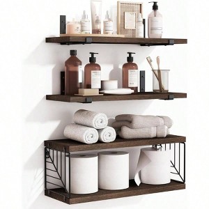 3+1 Tier Bathroom Floating Shelves Over Toilet 15.8in Farmhouse Rustic Wood Shelves Wall Decor for Bathroom Living Room - 1 of 4