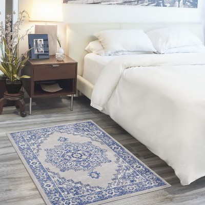Bohemian Grey Blue Floral Round Synthetic Area Rug