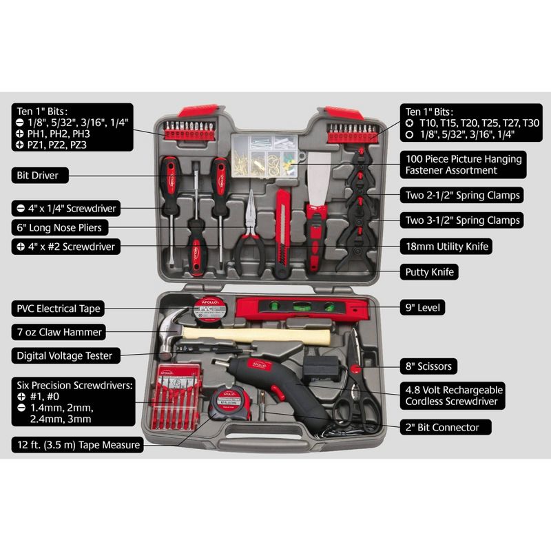 Apollo Tools 144pc Household Tool Kit with 4.8V Cordless Screwdriver DT8422 Red, 4 of 5