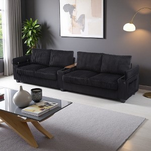 133" Corduroy Sectional Sofa with USB Ports & Storage Arms - 1 of 4