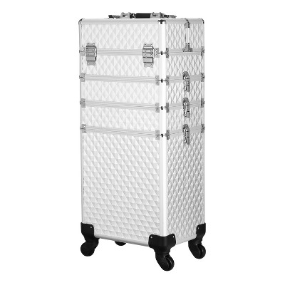 Channcase 4 in 1 Portable Traveling Aluminum Professional Makeup Trolley Cart with Multiple-Sized Compartments and Wheels, White