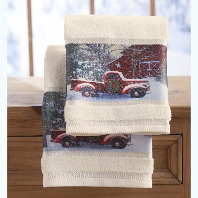 Lakeside Christmas Hand Towels with Decorative Red Truck Print - Set of 2