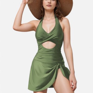 Anna-Kaci Swim Women's One Piece Halter Swimsuit with Front Cutout and Attached Wrap Skirt Detail - 1 of 4