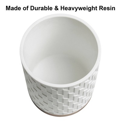 White Geometric Resin Wastebasket with Wood Base