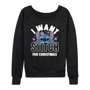 Women's - Lilo and Stitch - I Want A Stitch For Christmas Lightweight French Terry Wide Neck Long Sleeve Shirt - 1 of 4