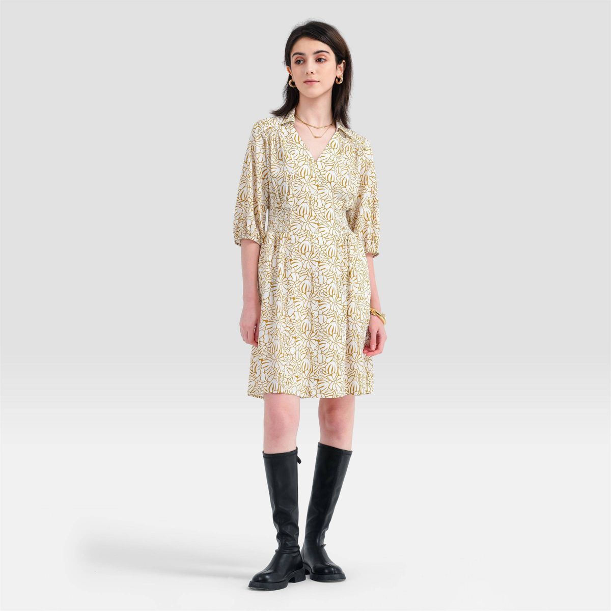 Women's Puff 3/4 Sleeve Smocked Waist Shirtdress - A New Day™
