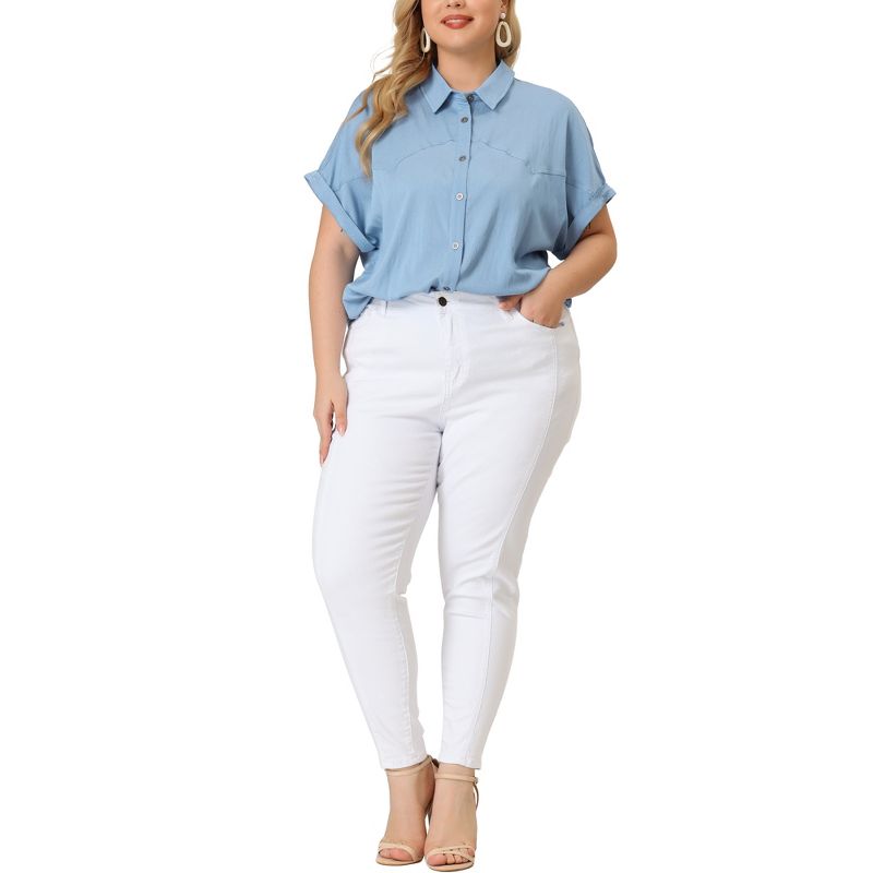 Agnes Orinda Women's Plus Size Chambray Work Roll Sleeves Buttons Down Shirts, 2 of 7