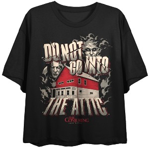 The Conjuring 4: Last Rites (2025) House, Ghost, Do not go into the Attic text and logo on black Adult Crop Tee - 1 of 4
