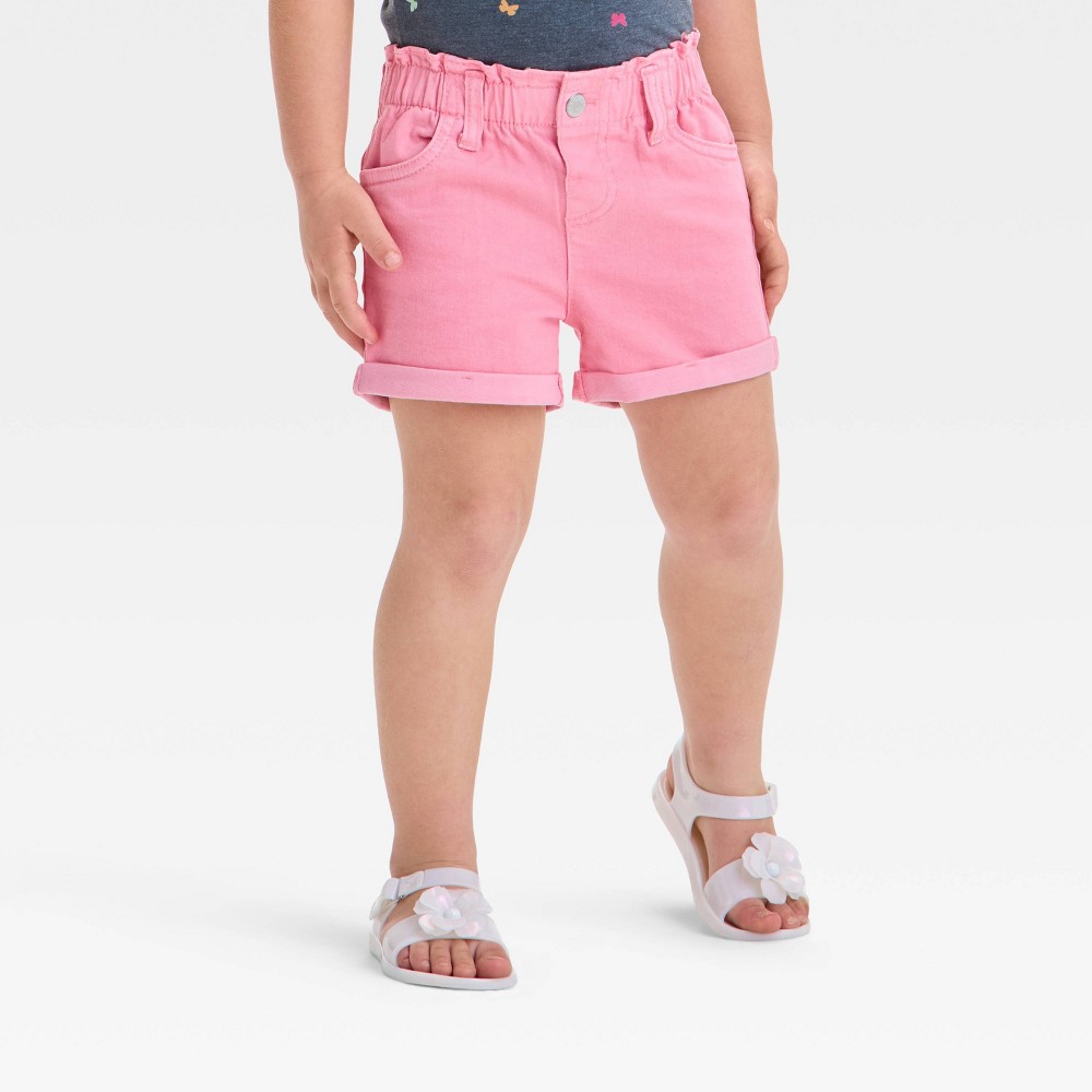 Toddler Girls' Paperbag Shorts - Cat & Jack™ Medium Pink 4T: Jean Shorts, Mid-Rise, Elastic Waist, Front Snap Closure