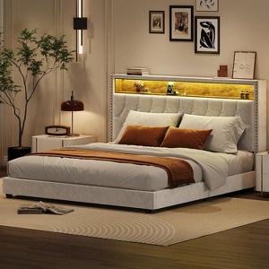 Full Velvet Bed with Wingback Headboard, Upholstered Storage Bed Frame Featuring Charging Station & LED Lights, Beige - 1 of 4