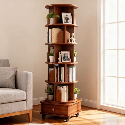 Homy Casa Rotating Bookshelf with Bottom Storage & Lockable Wheels, Walnut