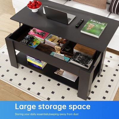 Black Rectangular Wood Lift-Top Coffee Table with Storage