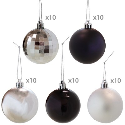 Sunnydaze Black and Silver Shatterproof Plastic Christmas Ornaments Set