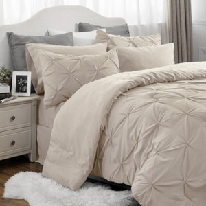 Cozy Comfort by Bedsure | Solid Diamond Pintuck 7pcs 80gsm Queen Size Beige Bedding Set Comforter Set - 1 of 4