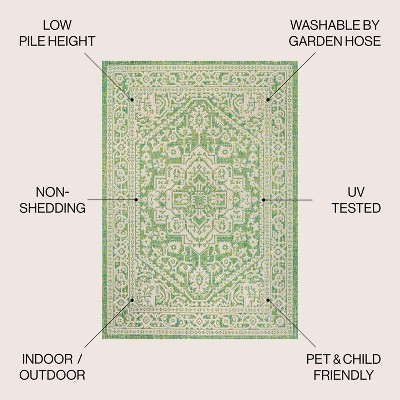 Sinjuri Cream/Green Medallion 4'x6' Synthetic Indoor/Outdoor Rug