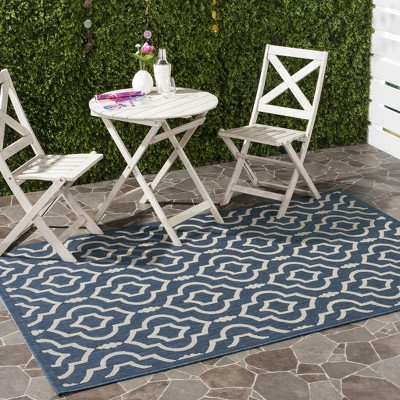 Navy and Beige Geometric Low Pile Outdoor Area Rug