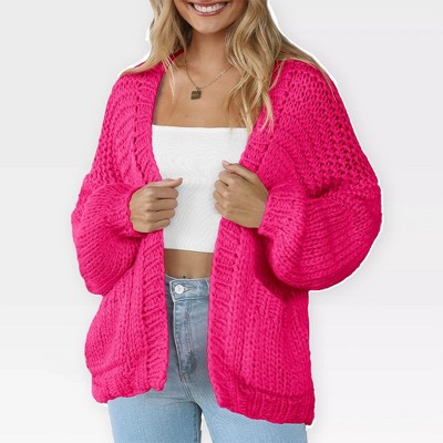 Women's Sweater Knit Cardigan with Pockets - Open Front Cable Knit Chunky Thick Sweater for Comfy Winter Knitwear,Rose Red - XL
