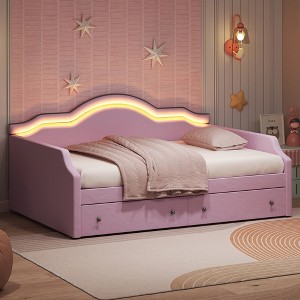 Full Size Upholstered Daybed with LED and 3 Drawers for Bedroom or Guest Room - 1 of 4