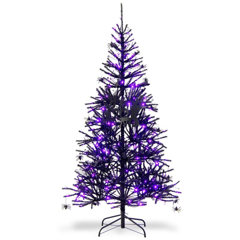 Tangkula 6FT Black Halloween Tree Artificial Hinged PVC Christmas Tree w/250 LED lights, 1 of 11
