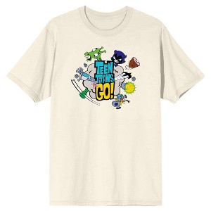 Teen Titans Go To The Movies Characters in a Fight with Logo Natural Tan Man's T-Shirt - 1 of 1