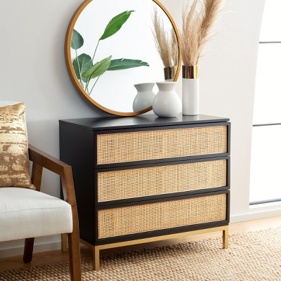 Black and Natural Rattan 3-Drawer Chest with Gold Legs