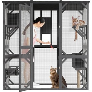 70 Inches Large Wood Catio Outdoor Cat Enclosure with Perches and Condos, Cat House with Waterproof Roof, Cat Hammock Shelter Platforms & Resting Box - 1 of 4