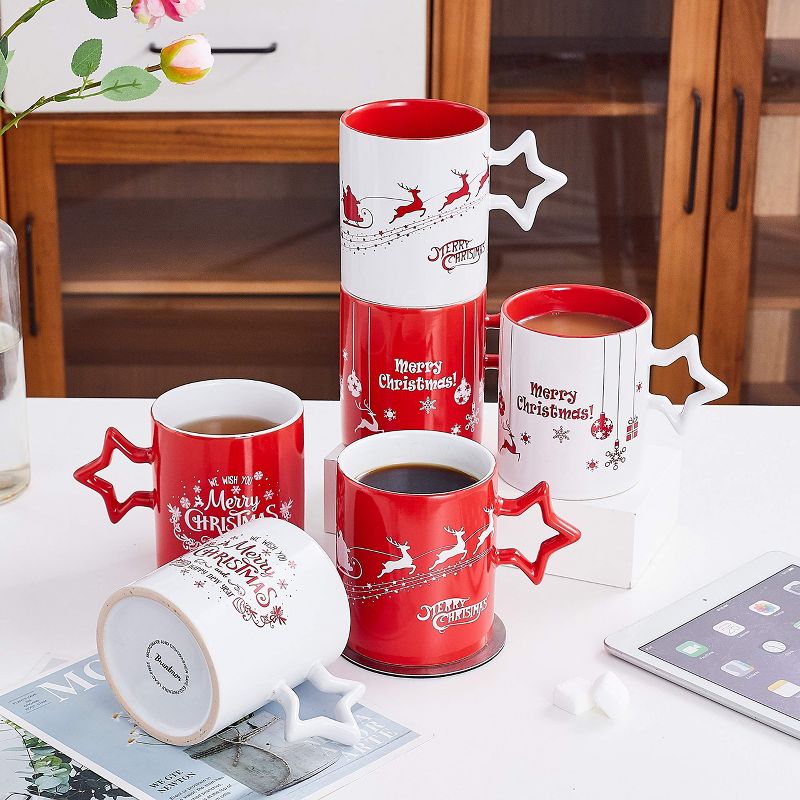 Bruntmor 14 Oz Christmas Coffee Mug with Star Handle Set of 6, Red, 4 of 8