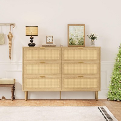 Rattan 6 Drawer Dresser, Farmhouse Wooden Chest of Drawers with 5 Metal Legs