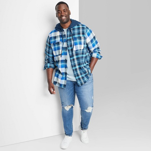 Blue and white 2024 plaid shirt outfits