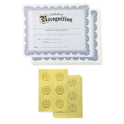 48-Sheet Certificate of Recognition Award with Excellence Gold Foil Seal for Students, Blue, 8.5" x 11"