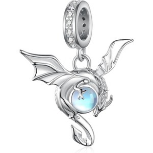 Sterling Silver Dragon Charm with Moonstone - Mythical Bead for Bracelets & Necklaces - 1 of 4
