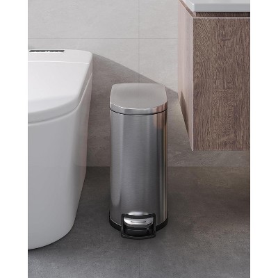 2.6 Gallon/10 L Slim Bathroom Trash Can with Lid, Step-on Garbage Can for Kitchen with Removable Inner Bucket, Rear Handle, Soft Close Lid