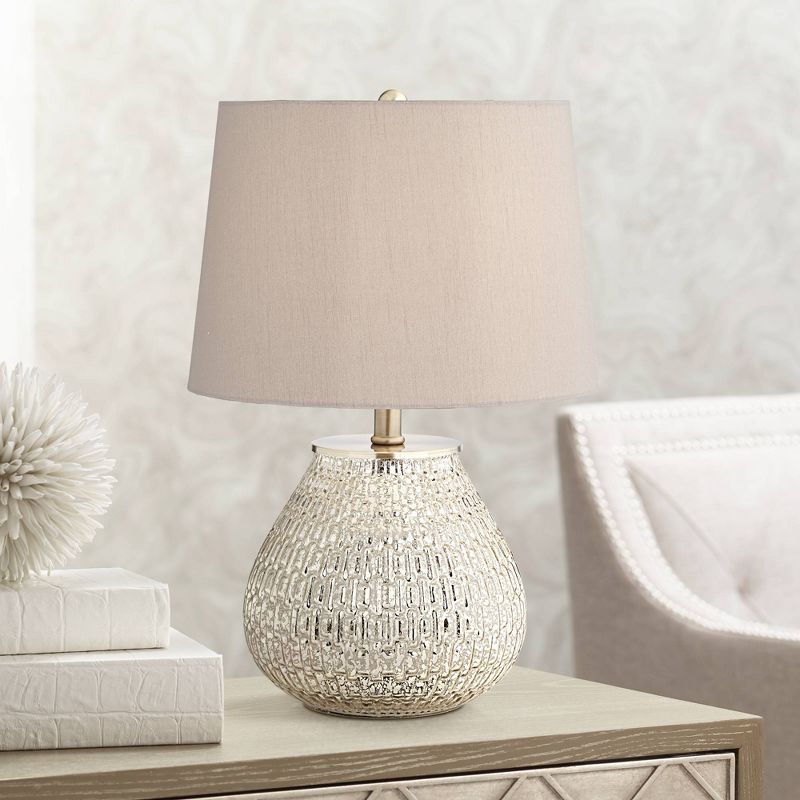 360 Lighting Cottage Accent Table Lamp 19 1/2" High Mercury Glass Teardrop Gray Drum Shade for Bedroom Bedside Nightstand Office, 2 of 9