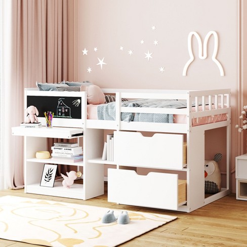 Twin Size Loft Bed with Built-in Desk, Storage Shelves and Drawers, White - ModernLuxe