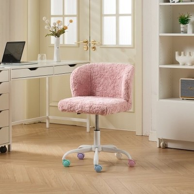 RISOKEYS ‌Office Chair - Faux Fur Makeup Vanity Chair, Adjustable Swivel Desk Chair with Sturdy Metal Base and Colored Wheels,for Home,Office