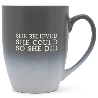 Elanze Designs She Believed She Could So She Did Two Toned Ombre Matte Gray and White 12 ounce Ceramic Stoneware Coffee Cup Mug