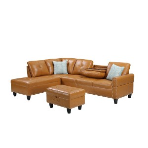 ChicFurnit Sectional Sofas Faux Leather with Ottoman L Shaped Design Storage Cushions and Cupholders for Living Room, Ginger, 71"*98"*33" - 1 of 4