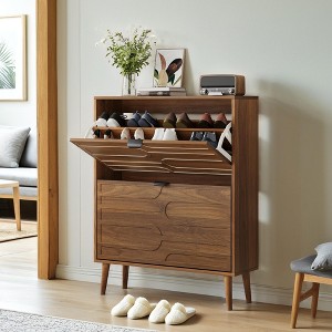 TIRAMISUBEST 31.5" Walnut Shoe Storage Cabinet with 2 Flip Drawers, Modern Entryway & Hallway Organizer for Corridors & Entrances - 1 of 4