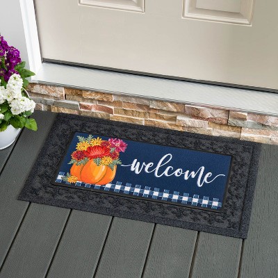 Fall Welcome Mat with Pumpkin and Mums Design