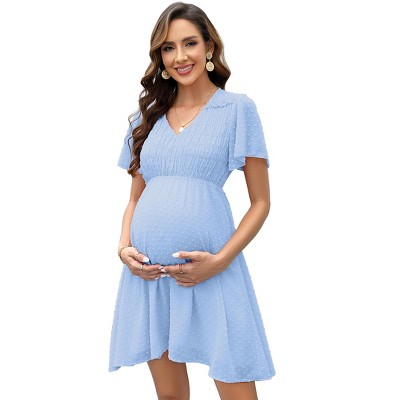 Summer Maternity V Neck Flutter Sleeve Ruffle Flowy Dress with Tiny Embroidered Highwaist Shirred Midi Dress